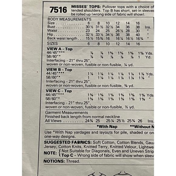 McCalls 7516 Sewing pattern top tshirt Scoop V neck size 14 - Picture 4 of 7